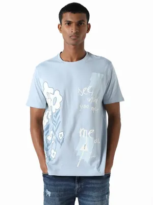 Nuon Light Blue Printed Cotton Slim-Fit T-Shirt