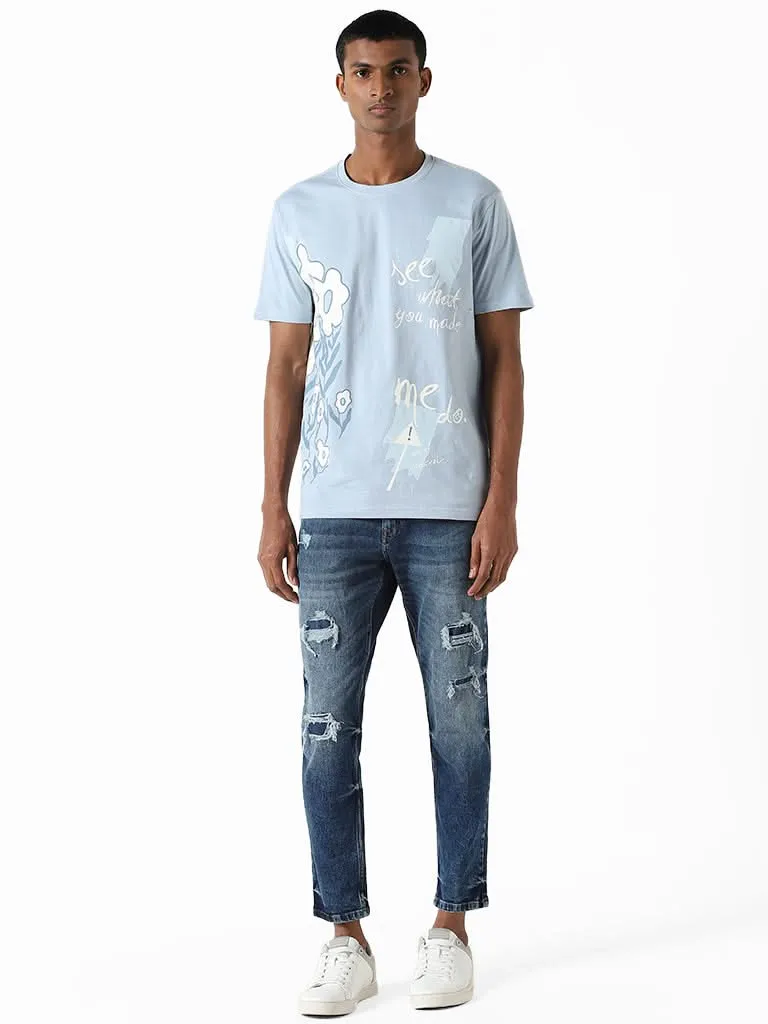 Nuon Light Blue Printed Cotton Slim-Fit T-Shirt