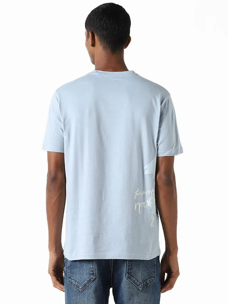 Nuon Light Blue Printed Cotton Slim-Fit T-Shirt