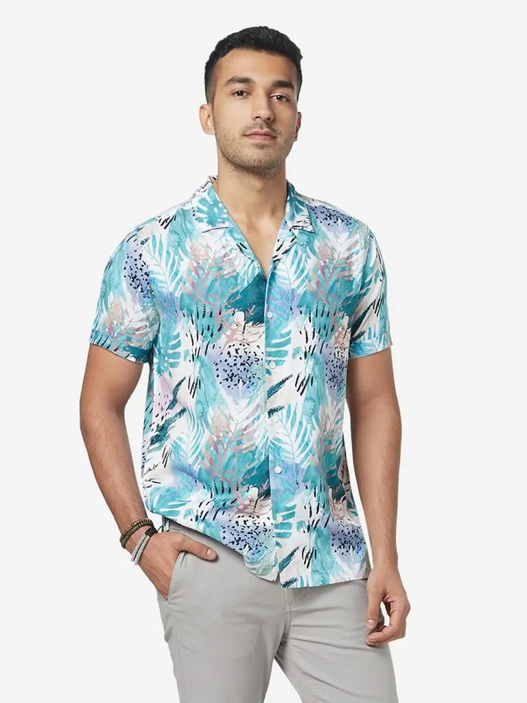 Nuon Light Blue Tropical Print Relaxed-Fit Shirt