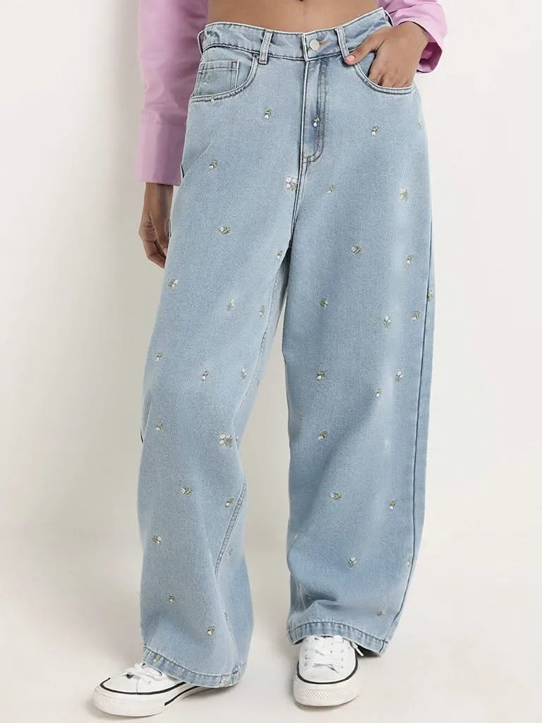 Nuon Light Blue Wide Leg - Fit Mid Rise Jeans