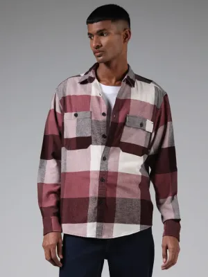 Nuon Maroon & White Checked Cotton Relaxed-Fit Shirt