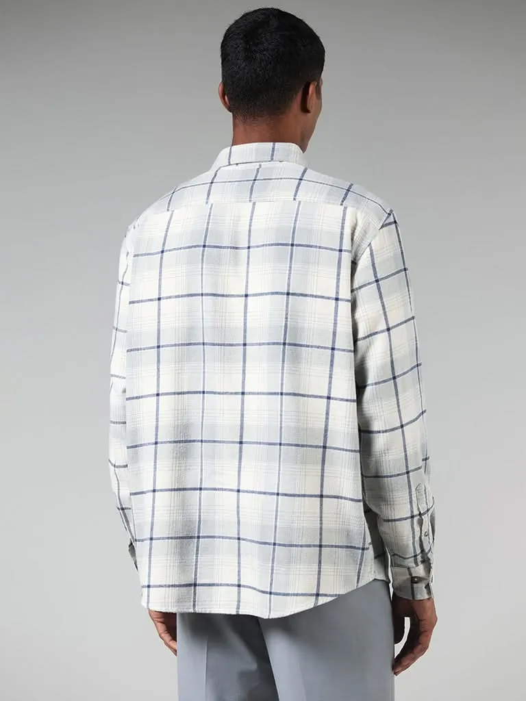 Nuon Off White Checked Cotton Blend Relaxed-Fit Shirt