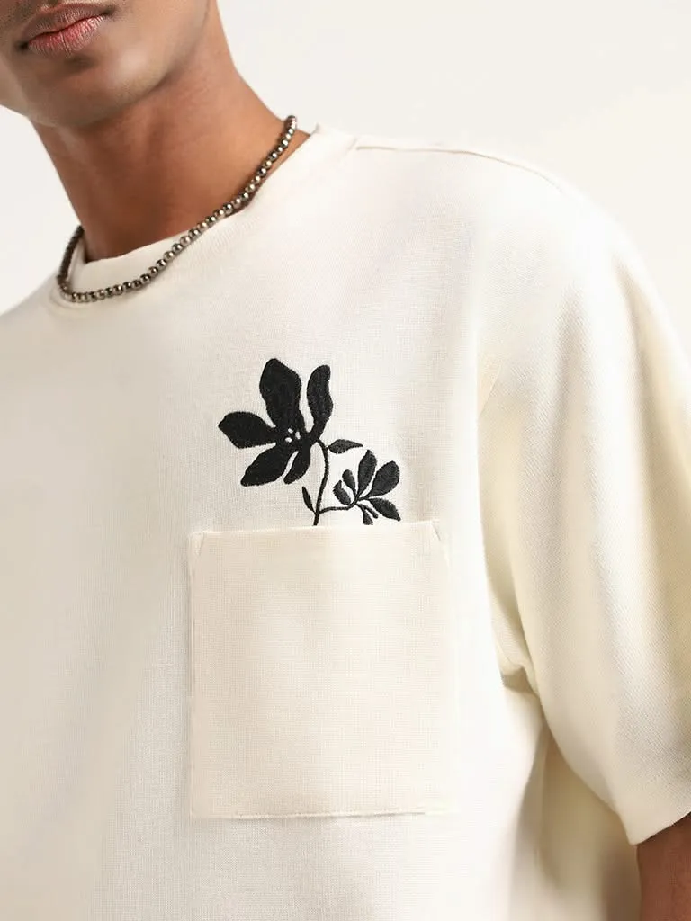 Nuon Off White Knitted Embroidered Relaxed Fit T-Shirt