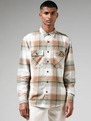 Nuon Off White Plaid Checked Cotton Relaxed-Fit Shirt