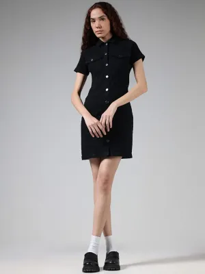 Nuon Solid Black Button Down Denim Dress