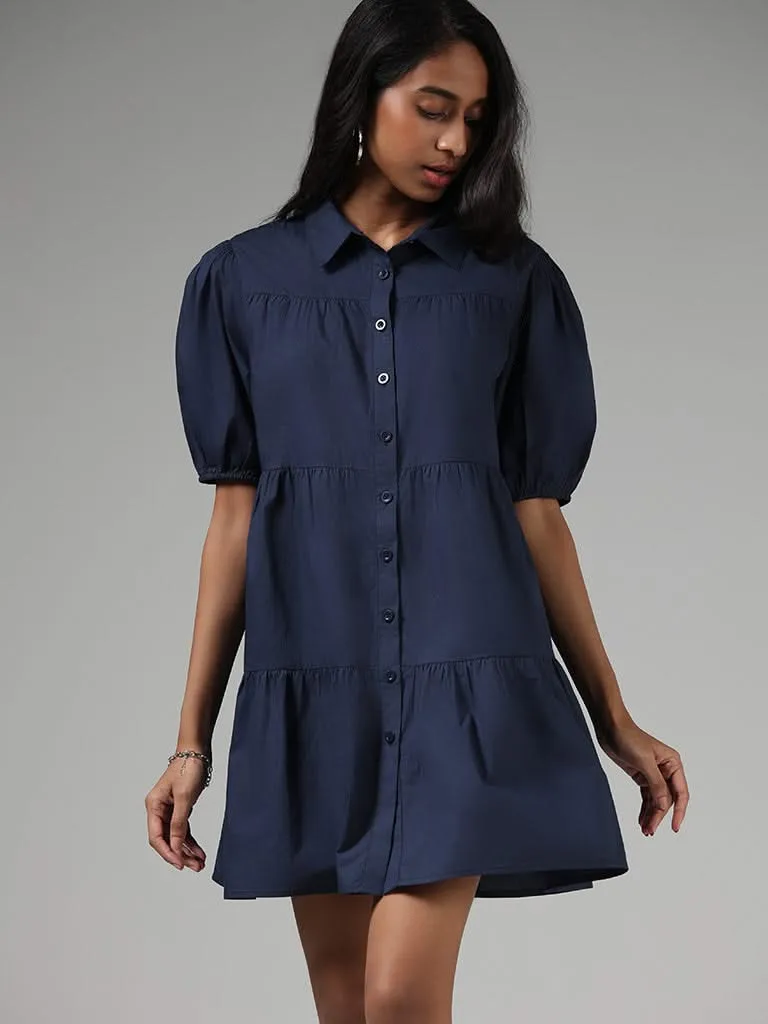 Nuon Solid Navy Blue Tiered Shirt Dress