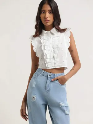 Nuon White Cotton Shifflie Crop Top