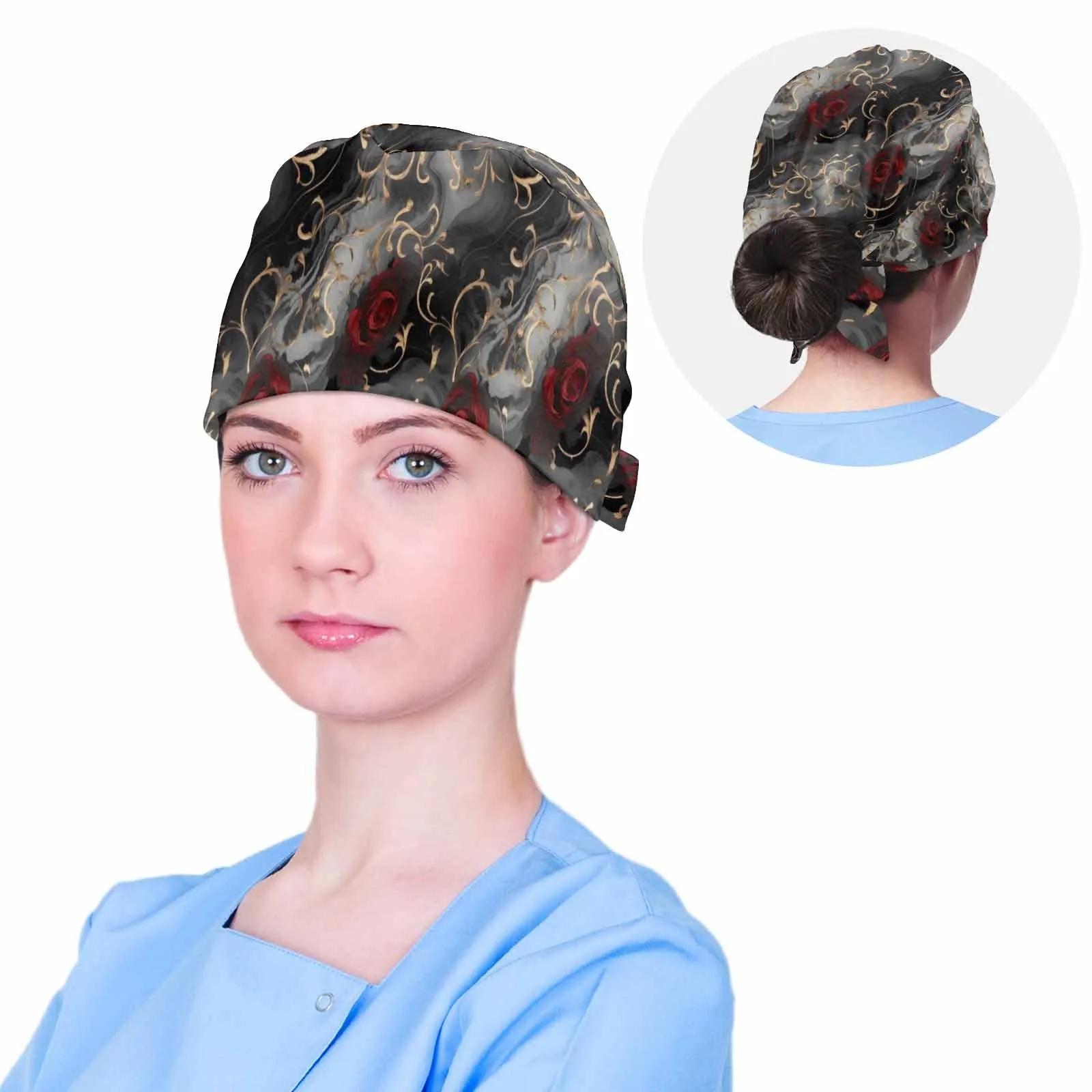 Nurse Scrub Cap Black and Red Roses  Scrub Cap