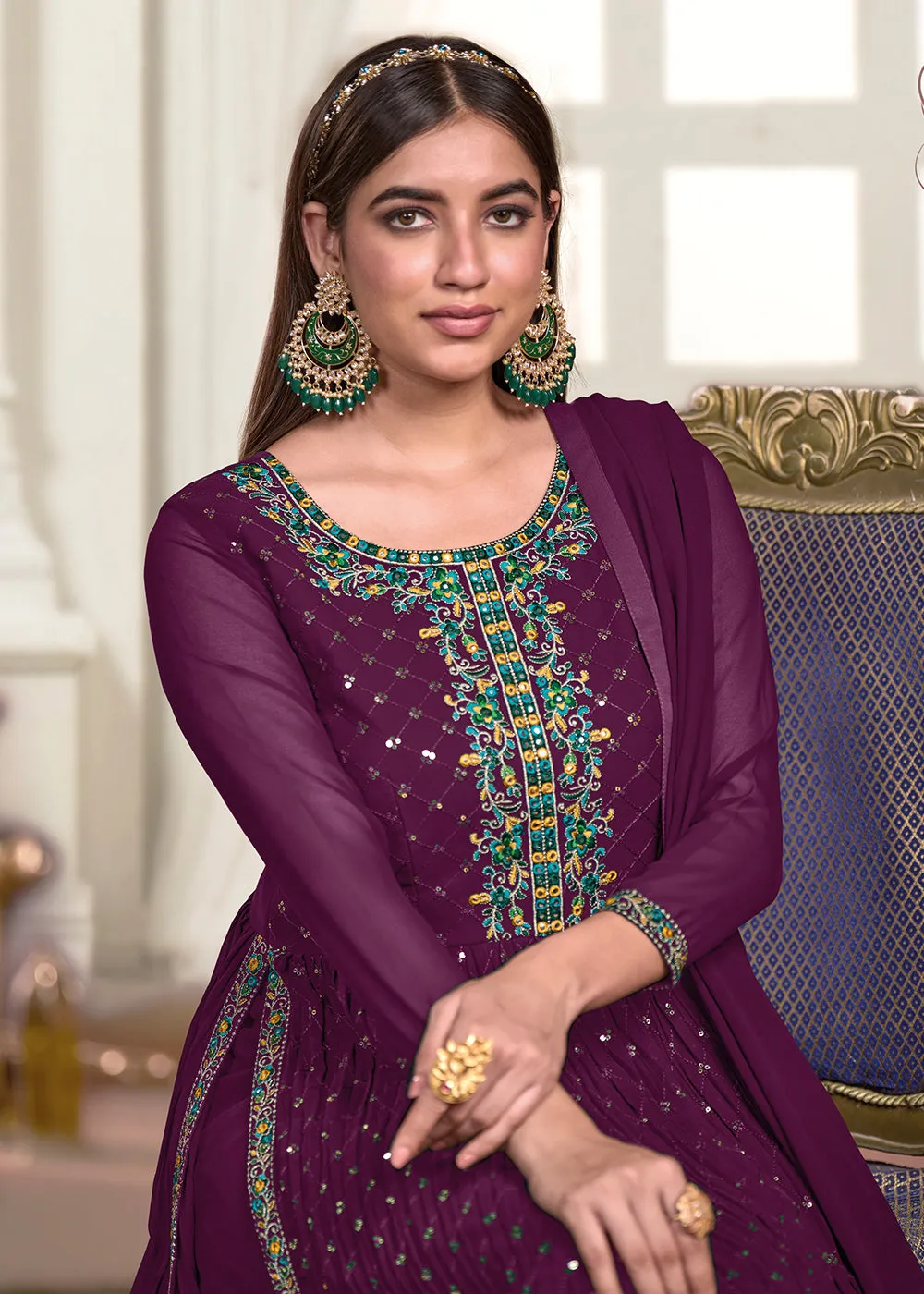 Nyra Cut Style Exquisite Purple Festive Palazzo Suit