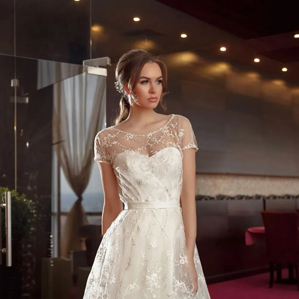 O-Neck Short Sleeve Lace Beach Wedding Dress With Elegant Bow Pearls