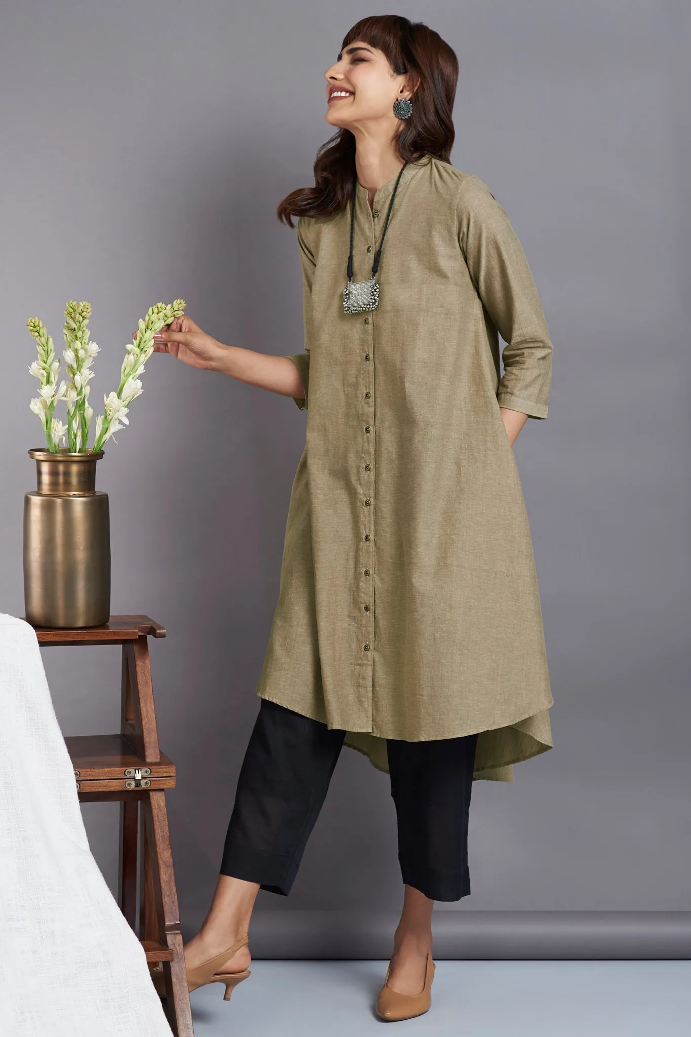 oatmeal beige - cotton asymmetrical hemline button down tunic