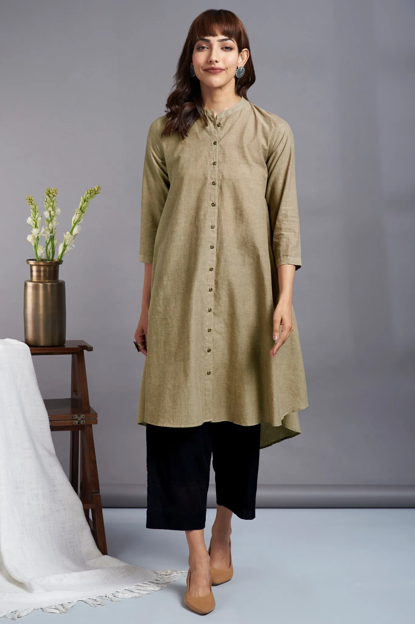 oatmeal beige - cotton asymmetrical hemline button down tunic