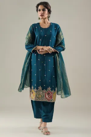 Ocean Blue Embroidered Raw Silk Pants Set