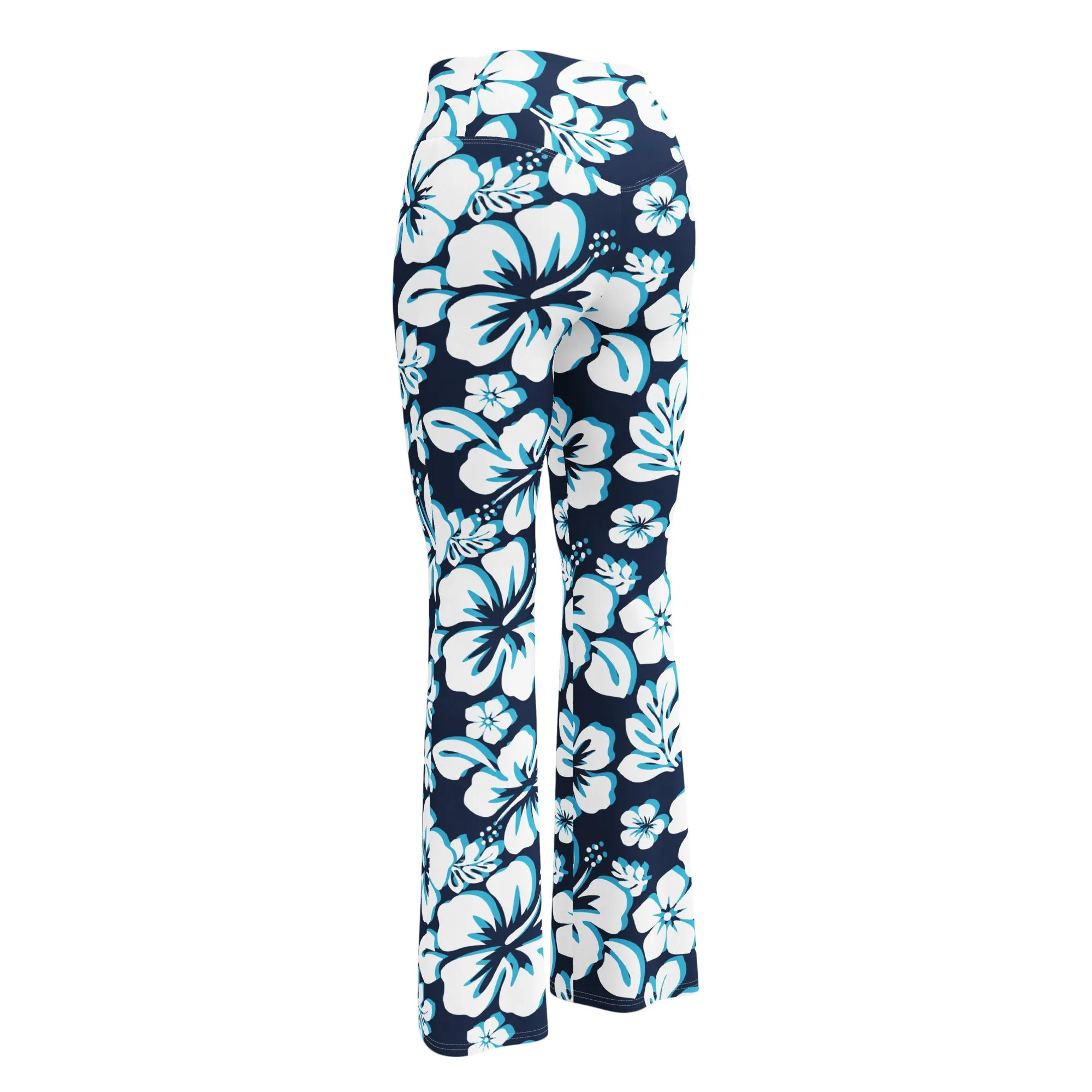 Ocean Blues Hawaiian Flowers Flare Leggings