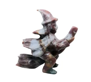 Ocean Jasper Crystal Witch Riding a Broom Carving