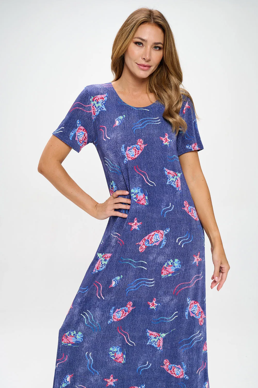 Oceanic Encounter Long Dress Short Sleeve -7002BN-SRD1-D007