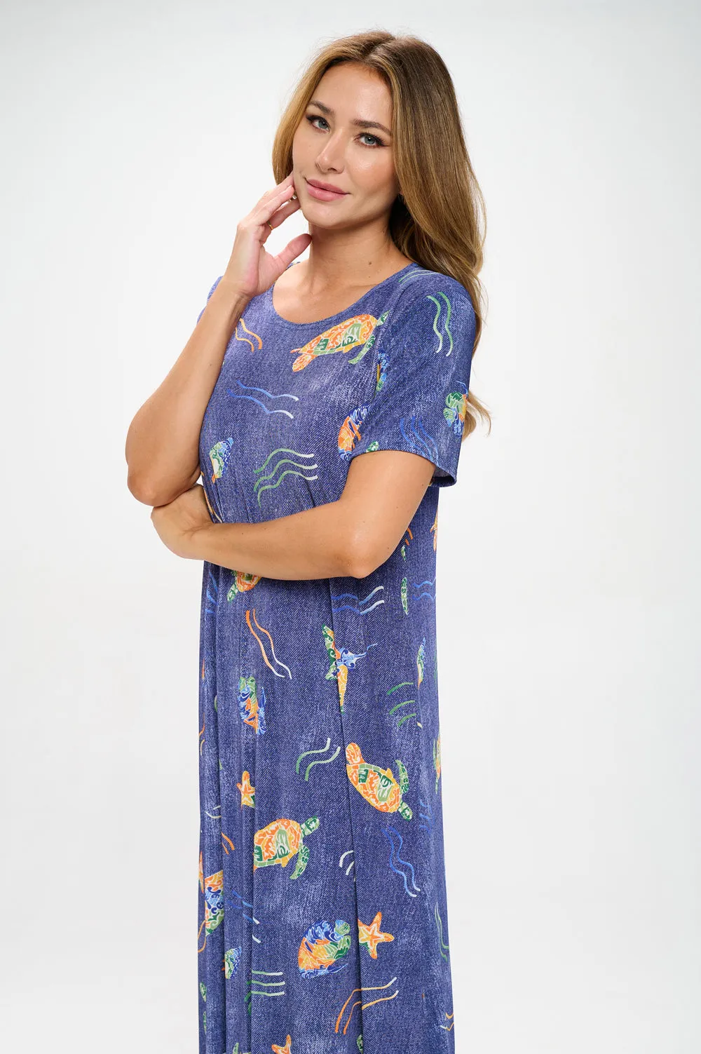 Oceanic Encounter Long Dress Short Sleeve -7002BN-SRD1-D007