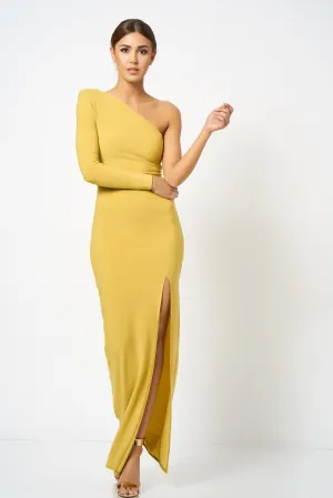 Ochre One Shoulder Extreme Split Maxi Dress