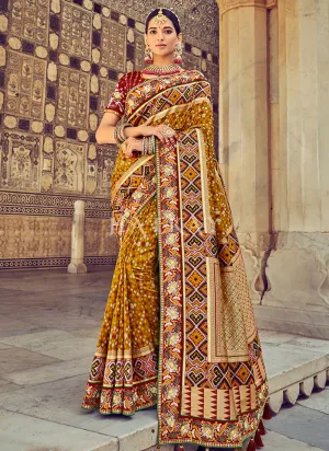 Ochre Yellow Embroidered Patola Silk Wedding Saree