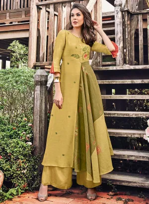 Ochre Yellow Printed And Embroidered Kurti