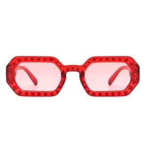 Octagon Frame Rhinestone Sunglasses in Red