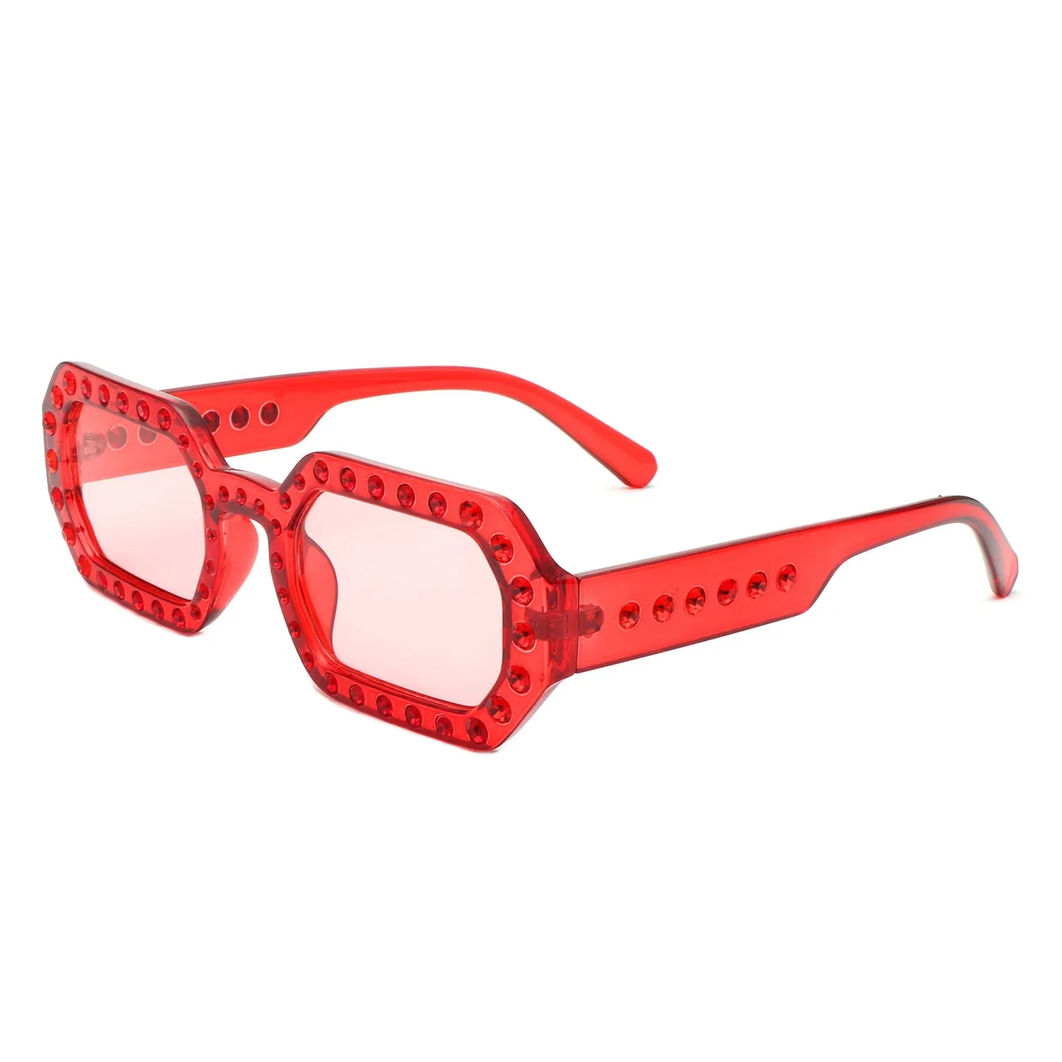 Octagon Frame Rhinestone Sunglasses in Red