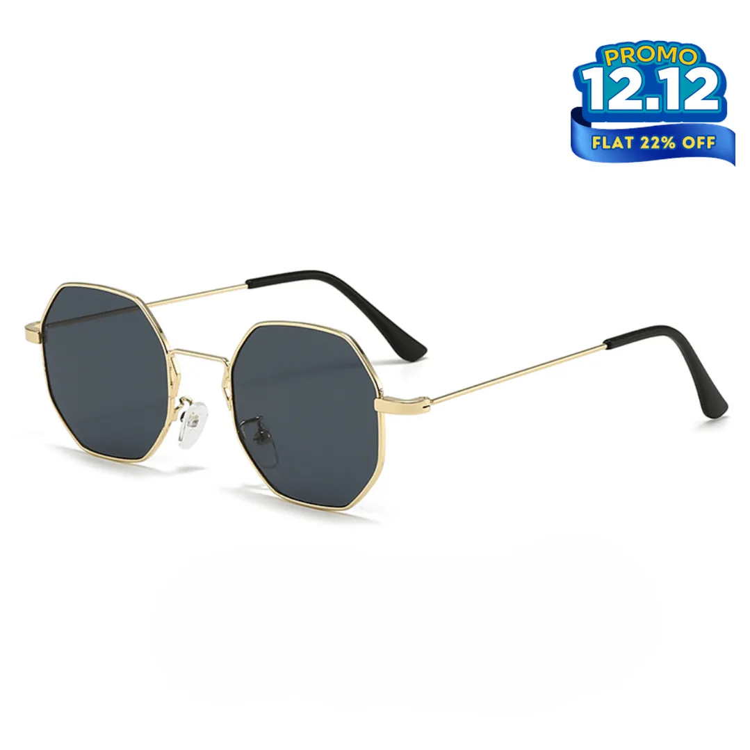 Octagonal Metal Frame Sunglasses - Golden Black