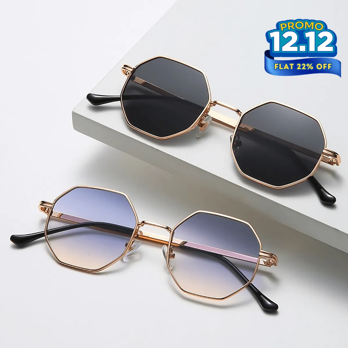 Octagonal Metal Frame Sunglasses - Golden Black