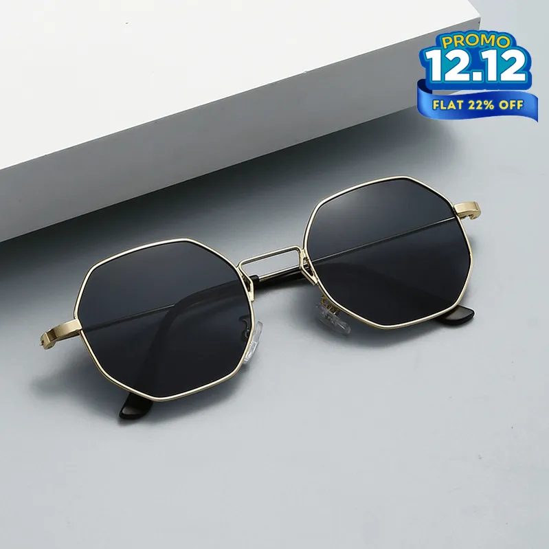 Octagonal Metal Frame Sunglasses - Golden Black