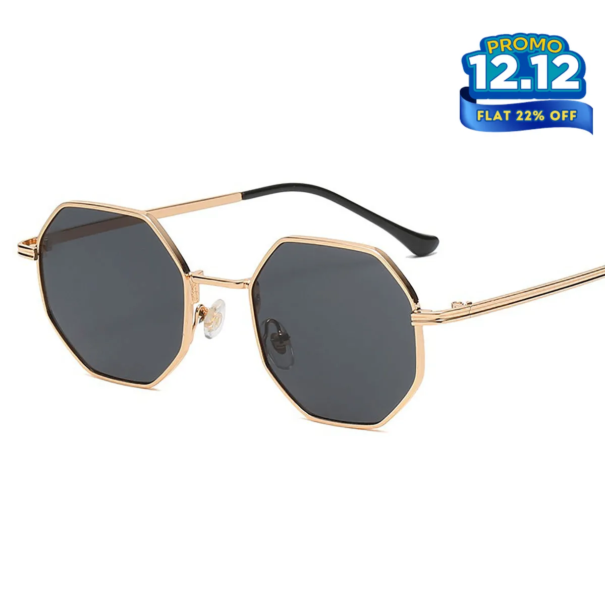 Octagonal Metal Frame Sunglasses - Golden Black