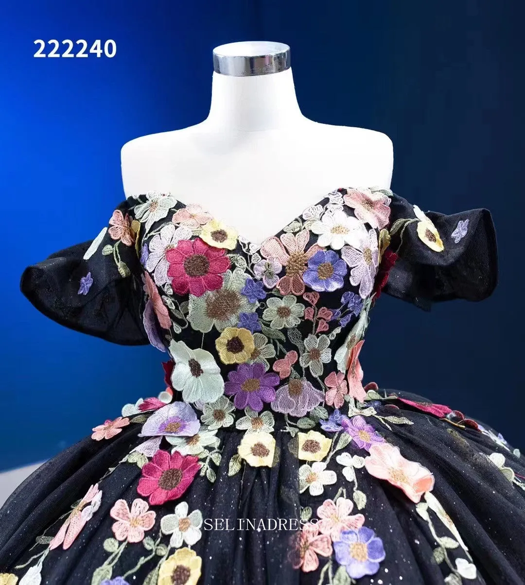 Off Shoulder Colorful Flowers Ball Gown Prom Dress Black Pageant Dress RSM222240