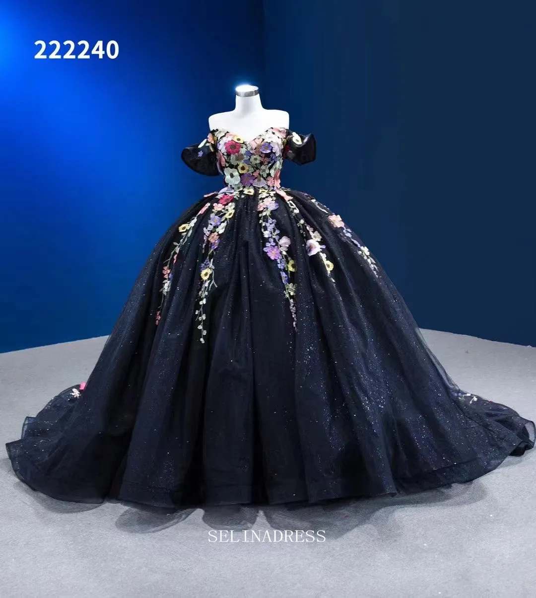 Off Shoulder Colorful Flowers Ball Gown Prom Dress Black Pageant Dress RSM222240