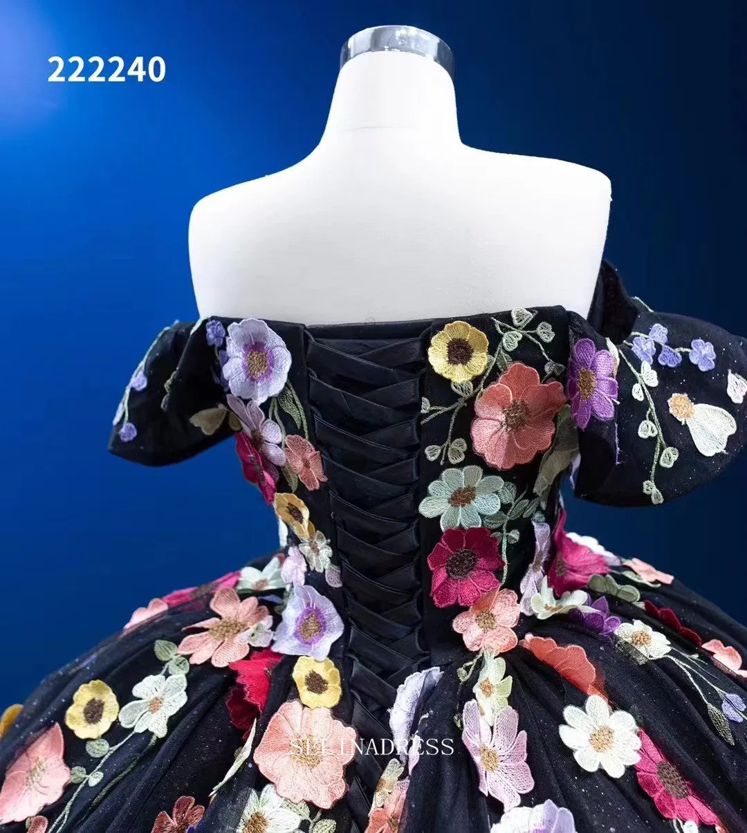 Off Shoulder Colorful Flowers Ball Gown Prom Dress Black Pageant Dress RSM222240