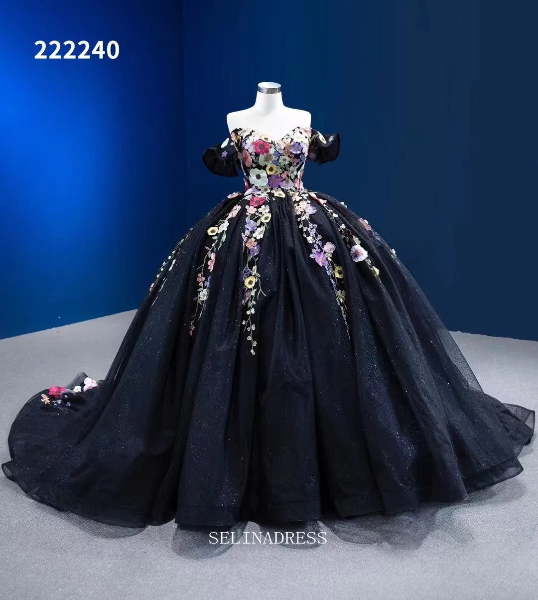 Off Shoulder Colorful Flowers Ball Gown Prom Dress Black Pageant Dress RSM222240