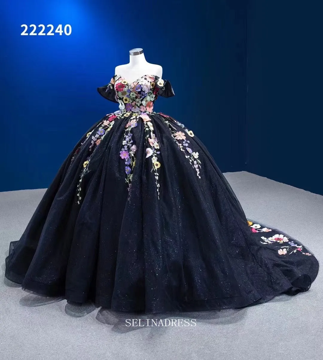 Off Shoulder Colorful Flowers Ball Gown Prom Dress Black Pageant Dress RSM222240