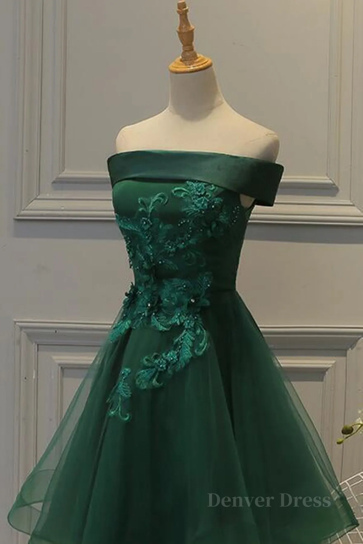 Off Shoulder Green Lace Floral Prom Dress Short Green Lace Homecoming Dress Green Formal Evening Dress