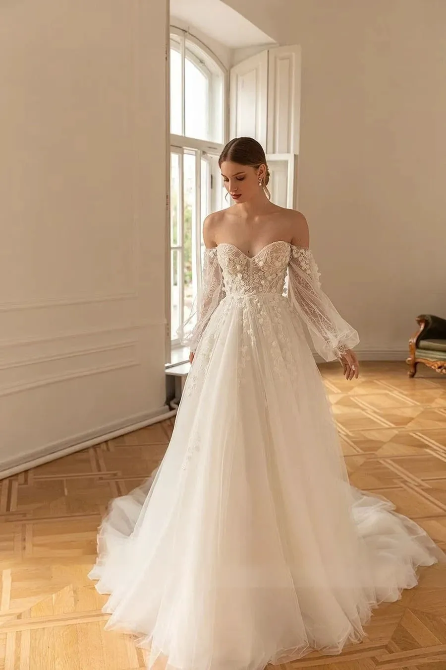 Off-Shoulder Lace A-line Wedding Gown with Long Sleeves & Sweetheart Neckline