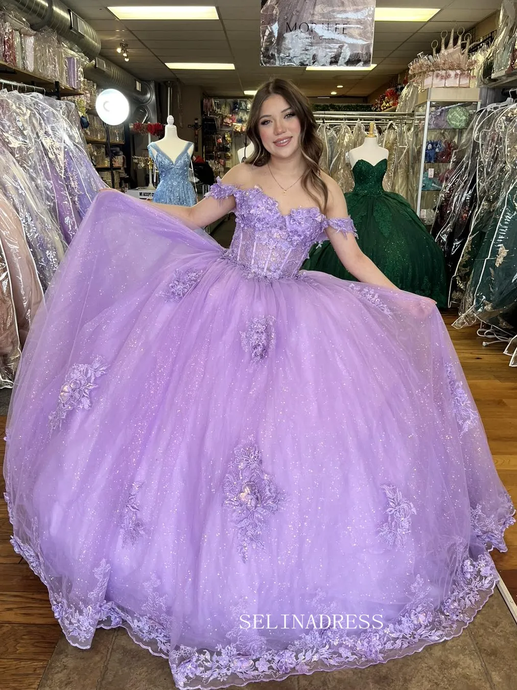 Off Shoulder Lilac Applique Wedding Dress with Sweep Train Princess Evening Gowns sew1095