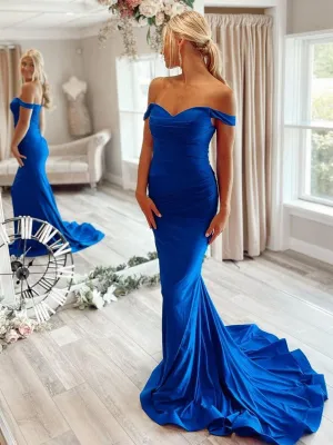 Off Shoulder Mermaid Blue Long Prom Dresses, Mermaid Blue Formal Dresses, Blue Evening Dresses