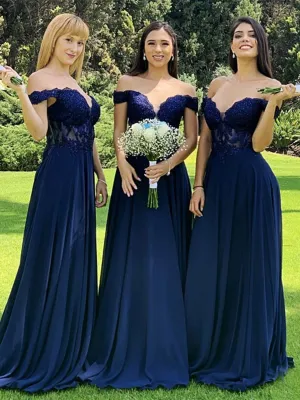 Off Shoulder Navy Blue Lace Beaded Prom Dresses, Navy Blue Lace Bridesmaid Dresses, Long Navy Blue Formal Graduation Evening Dresses