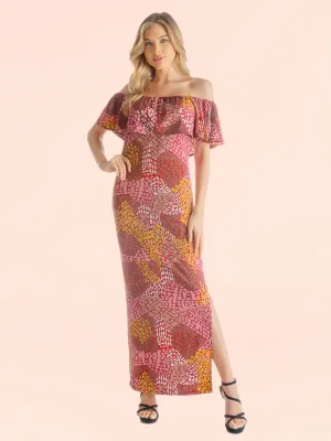 Off Shoulder Pink Abstract Print Maxi Side Slit Dress