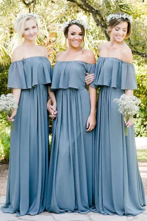 Off Shoulder Ruffles Pleated Gray Blue Bridesmaid Dress BD137