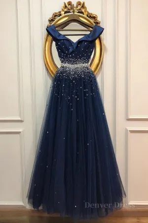 Off Shoulder Sequins Dark Blue Long Prom Dress Dark Blue Formal Dress Off Shoulder Evening Dress