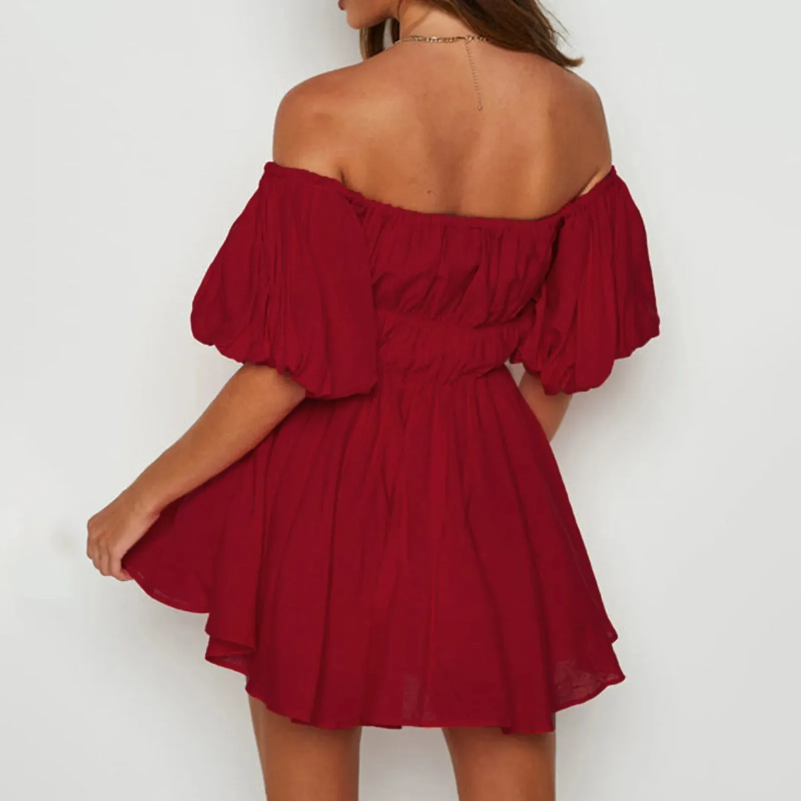 Off Shoulder Summer Chiffon With Waist Ruffle Sleeves Sweetheart Neckline Fall Casual Mini Chic Dress