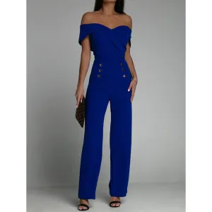 Off Shoulder Sweetheart Collar Front Button Pattern Jumpsuit