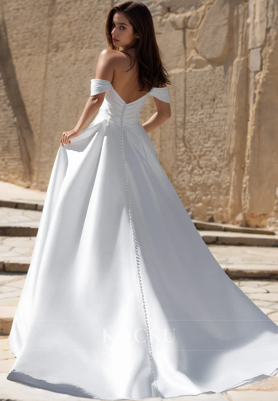 Off-Shoulder Tube Top A-Line Wedding Dress Sweep Train Ruched Satin Bridal Gowns with Slit