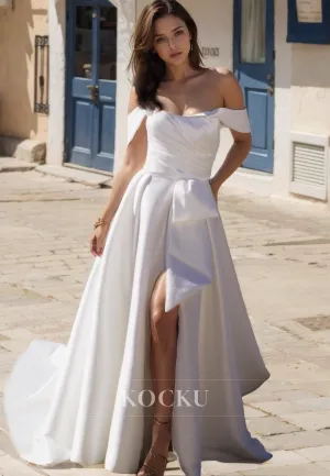 Off-Shoulder Tube Top A-Line Wedding Dress Sweep Train Ruched Satin Bridal Gowns with Slit