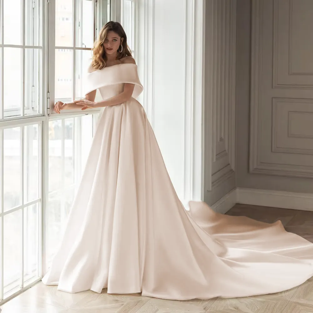 Off-the-Shoulder A-Line Satin Wedding Dress Simple Boat Neck Bridal Gown