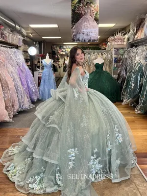 Off-the-shoulder Embroidery Ball Gown Princess Sage Formal Gowns Evening Dress sew1090